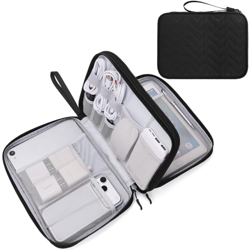 FYY Electronic Organizer, Travel Tech Pouch Bag, Extra Large, Black Quilted | Wrist Strap, Waterproof, Double Layers Electronics Travel Case for iPad, Cord, Laptop Charger, Daily and Business Trips Use - color: Black Quilted, size: Extra Large