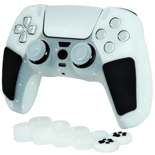 White Glitter Anti Slip Soft Thicked Studded Silicone Cover Skins Compatible with PS5 Controller,Include 8 PCS White Glitter Thumb Grips Glow and 2 Cat Paw Grips Accessories. - color: White Black