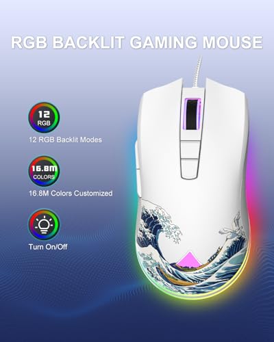 COSTOM Womier G705 USB Wired Gaming Mouse for PC Computer Windows Mac Laptop, Lightweight Silent RGB Backlit Mouse with Adjustable 12000DPI/7 Programmable Side Buttons,White Kanagawa Theme - color: white 2