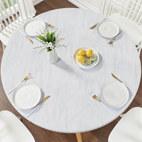 Smiry Round Picnic Tablecloth, Wipeable Flannel Backed Vinyl Tablecloths for 36" - 44" Tables, Waterproof Elastic Fitted Table Covers for Camping, Indoor, Outdoor, Grey & White - color: Grey & White, size: For Up to 36"-44" Round