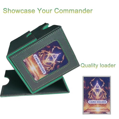 CMFYlive Card Deck Box for Commander Deck Box MTG Deck Box Fits 100 Double Sleeved Cards, Magic Commander TCG Card Storage Box with 2 Dividers,Drawstring Bag and 1 Toploader (Black/Green) - color: Black/Green