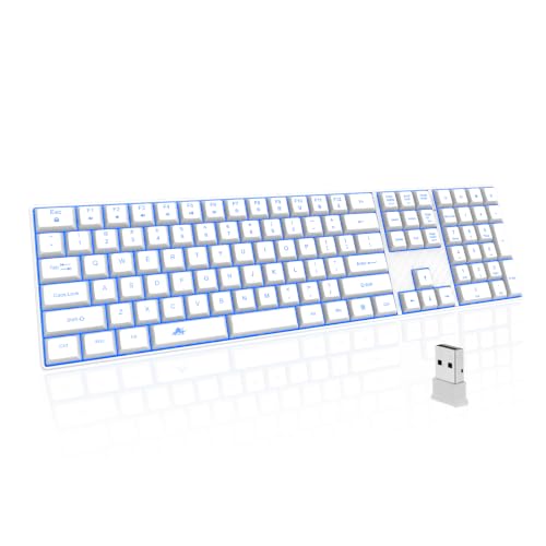 POWZAN Wireless Backlit Keyboard Quiet - Computer Rechargeable Ergonomic Light UP Keyboard, Silent Keys Full Size Compatible for Windows, Desktop, Laptop, PC, Gaming, PS5 - White - color: White