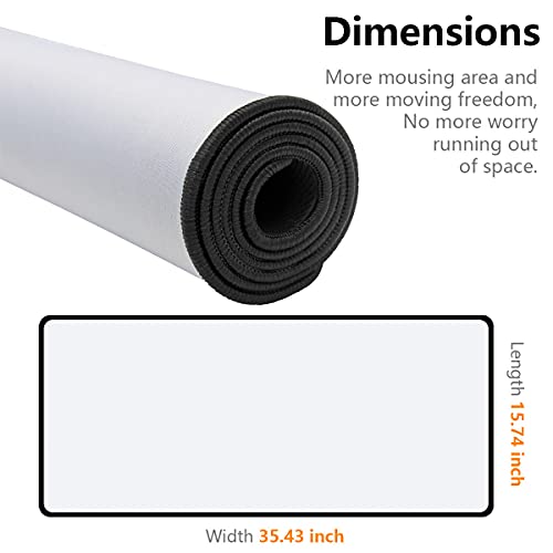 Qisan Large Gaming Mouse Pad Extended Desk Mat 35.43 x 15.74 x 0.15 Inch | Foldable Thick Keyboard Mat with Stitched Edges | Non-Slip Rubber Base for Desktop, Laptop & Gaming - White - color: White