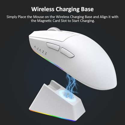 AJAZZ AJ139 V2 MC Wireless Gaming Mouse with RGB Charging Dock, 66g Ultra-Lightweight Tri-Mode Optical Mouse, 12000 DPI PAW3311 Sensor, Ergonomic Rechargeable Gaming Mouse for PC/Mac - White - color: White
