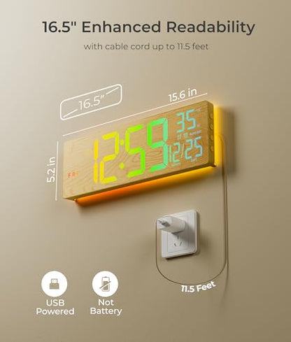 EASYERA 16.5" Large Digital Wall Clock BT Sync, 11 Scenes Mode Beige Clock | Remote Control, Big LED Clock with Dual Alarms, Auto DST, Temperature for Classroom Gaming - color: Beige