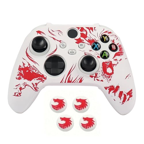 Wolf Controller Skin Compatible with Xbox Series X Wireless Controller, RALAN Protector Case， Customised Thumb Grips Cap - color: Wolf white Red