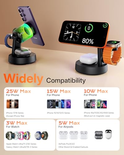 Qi2.2 25W Fast Wireless Charger Design for MagSafe Charger for iPhone 17/16/S26 Ultra, 3 in 1 Magnetic Charging Station with Bluetooth Speaker & Light, Watch Charger Stand for Apple Watch, for Buds