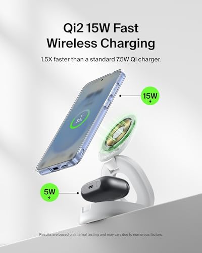 Belkin MagSafe Charger Compatible, 2-in-1 Qi2 Wireless Charging Station 15W, Convertible Charger for iPhone 17, Apple Watch, AirPods, Pixel 10, Portable Phone Stand for Travel w/ 30W Adapter - White - color: White, style: 2 in 1