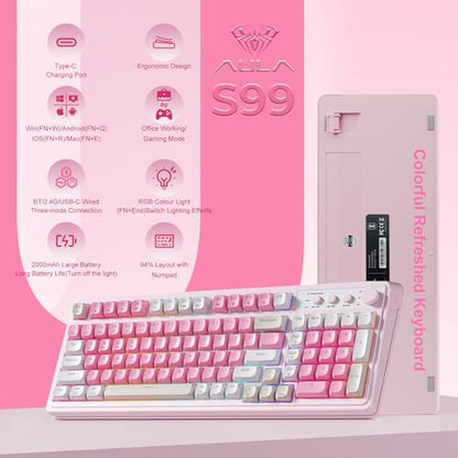 AULA S99 Gaming Keyboard, Wireless Computer Keyboards with Media Knob | 99 Keys Membrane Keyboard,RGB Backlit,Tri-Mode BT/2.4GHz/USB-C,2000mAh Rechargeable Thocky Clicky Creamy Sounding Keyboard - color: Gradient Blue