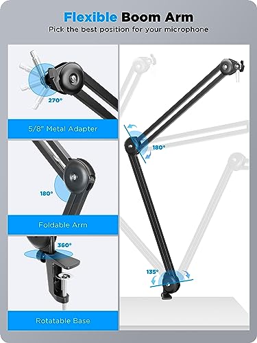 BOYA Microphone Boom Arm,Large Mic Arm (46 inch) with Desk Mount & 5/8"to 3/8"Screw Adapter Heavy-Duty Microphone Arm Stand Adjustable &Foldable for Streaming/Podcast/Gaming(BY-BA20)