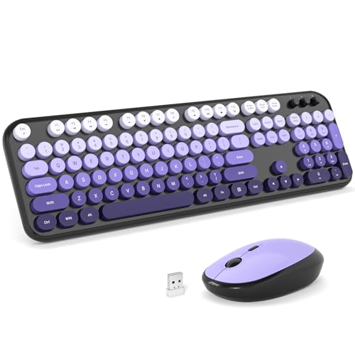 Wireless Keyboard Mouse Combo - Lovely Blackpurple-Gradient Rainbow Full-Sized Typewriter Colorful Keyboards, Round Keycap Plug Play Retro Cute Keyboards for Windows, Laptop, PC, Desktop, Computer - color: Lovely Blackpurple-Gradient