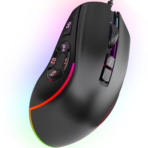 SUNGOOYUE Wired Gaming Mouse, 10 Programmable Buttons, 14 RGB Lighting Effects, 6 Adjustable DPI 800-12800, Ergonomic Design, with Cable, for PC Computer Gaming