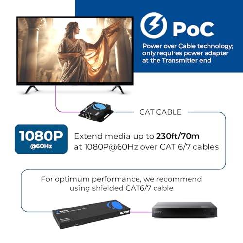 OREI 4K 1x4 HDMI Extender Splitter Over CAT6/7 Ethernet Cable Up to 4K@30Hz upto 165 ft-1080P@60Hz upto 230 ft, IR control, EDID, HDMI Loop Out (HD14-EX165-K) | HDMI Cat6 Converter, HDMI Over Cat5 – 10.2Gbps, HDR10, Dolby Vision, HLG, LPCM 7.1, Dolby True