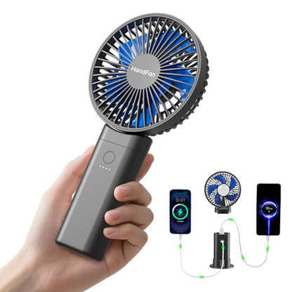 HandFan Upgraded 10,000 mAh Quiet Handheld Fan - 4.5 Inch Large Hand Held Fans Reahargeable, 180° Foldable Portable Fan [30 Working Hours] with Lanyard, Base for Disney/Travel/Concerts/Beach/Office - color: Blue‑Blade Black
