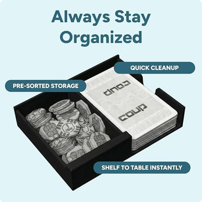 Coup Organizer Insert | Box Storage & Tabletop Card Holder for Coup & Reformation Expansion | Fast Setup Card & Token Tray | Board Game Box Insert Compatible with Indie Card Game Coup