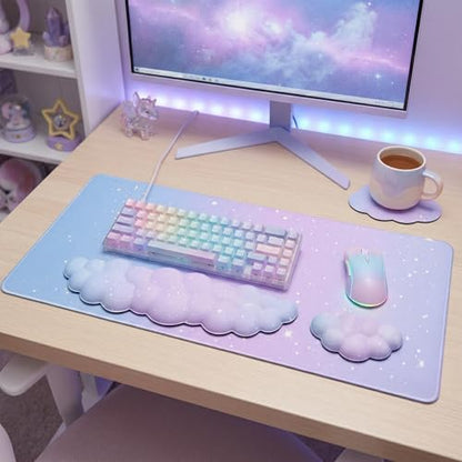 Cloud Mouse Pad Keyboard Wrist Rest 4PCS Extended Large Galaxy Stars Desk Mat Pad Set Memory Foam Non-Slip Cute Ergonomic Gaming Mouse Pad Wrist Support for Computer Home Office Purple Blue - color: 4pcs Purple Blue