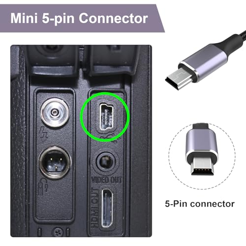Replacement USB-C to Mini USB Charging Data Transfer Cable Cord Compatible with Canon EOS Rebel T5i T6 T6i T7i, PowerShot ELPH/Rebel/EOS Cameras , PS3 Controller, Dash Cam, for GoPro Hero 3+ 3.3FT