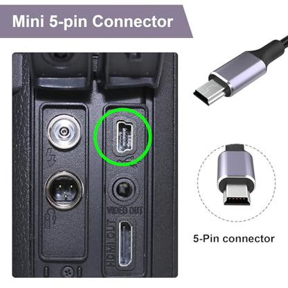 Replacement USB-C to Mini USB Charging Data Transfer Cable Cord Compatible with Canon EOS Rebel T5i T6 T6i T7i, PowerShot ELPH/Rebel/EOS Cameras , PS3 Controller, Dash Cam, for GoPro Hero 3+ 3.3FT