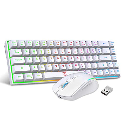 Snpurdiri 60% Wireless Gaming Keyboard and Mouse Combo,LED Backlit Rechargeable 2000mAh Battery,Mini Mechanical Feel Anti-ghosting Keyboard +Popular RGB Gaming Mice for PC Gamer (White) - color: White Combo