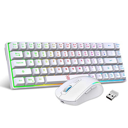 Snpurdiri 60% Wireless Gaming Keyboard and Mouse Combo,LED Backlit Rechargeable 2000mAh Battery,Mini Mechanical Feel Anti-ghosting Keyboard +Popular RGB Gaming Mice for PC Gamer (White) - color: White Combo