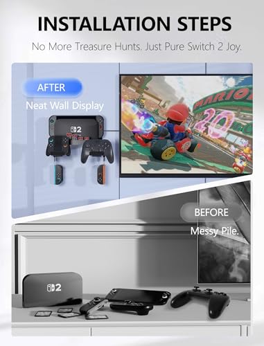 KUNSLUCK Switch 2 Wall Mount - Wall Mount Stand for Nintendo Switch 2 (2025) Console, Joy-Con, Game Cards - Space-Saving Dock with Cooling Vent Design & Easy Installation – All-in-One Wall Holder Organizer Kit - size: 2 IN 1 Wall Mount