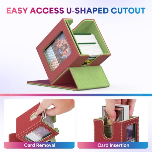 UAONO Card Deck Box for MTG Commander, Fits 100 Double-Sleeved Cards | Independent Commander Display, Magnetic Deck Case for Magic the Gathering TCG, 2 Dividers & 1 Top Loader (Red/Green) - color: A-Red&Lime Green