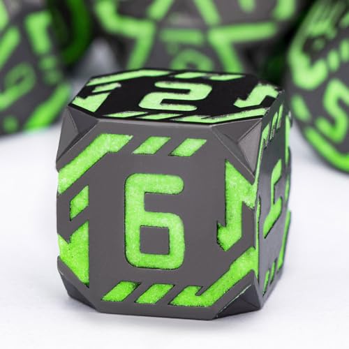 Metal DND Sci-fi Dice Set 7PCS Luminous Green Stripe Polyhedral Dice for Dungeons Dragons RPG Role Playing Game, Glitter D and D Dice with Gift Box D6 D8 D10 D12 D20 - color: Nightlight - Green