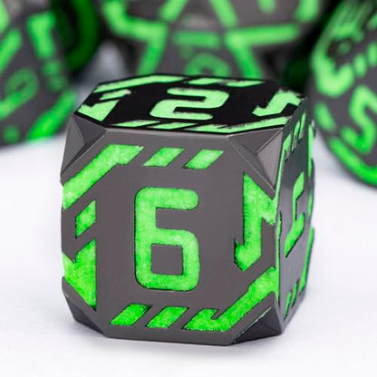 Metal DND Sci-fi Dice Set 7PCS Luminous Green Stripe Polyhedral Dice for Dungeons Dragons RPG Role Playing Game, Glitter D and D Dice with Gift Box D6 D8 D10 D12 D20 - color: Nightlight - Green