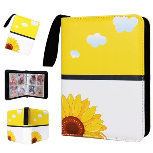 Collectible Trading Card Albums,4 Pocket Card Binder, 400 Double Sided Pocket PU Premium Zip Trading Collection Binderwith 50 Removable Sleeves, Card Folder forTCG, Sports Cards (Yellow & white) - color: Yellow & white