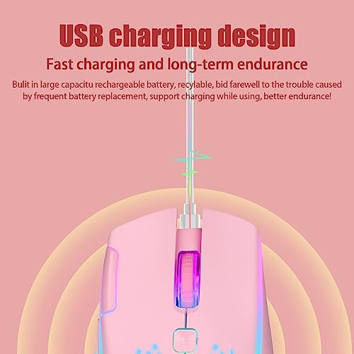 VEGCOO Wireless Gaming Mouse, C30 Silent Click Wireless Rechargeable Gaming Mouse with Double-Click Key and Colorful LED Lights, 3 Level Adjustable DPI for Gaming and Working (Pink) - color: Pink