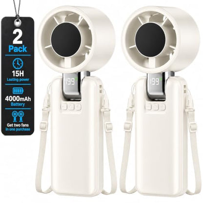 2 Pack Portable Mini Handheld Fan, 199-Level Stepless Speed,White | 4000mAh Rechargeable Battery, Quiet, LED Digital Display, Personal Cooling Turbo Fan for Travel, Office, Makeup & Concerts - color: White