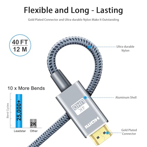 LEADSTAR HDMI Cable 4K 40 ft / 12m, High Speed HDMI 2.0 Cord Braided | 4K@30Hz, Ultra HD, 1080p, ARC, HDR, 3D, HDCP 2.2 | for Xbox, PS5, TV, Laptop, Monitor - size: 40 ft