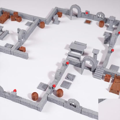 Modular Dungeon Stone Wall Terrain Set - 28mm Miniatures Scenery with Walls, Doors, Barrels, Crates Beds and So On for Tabletop Rpgs, Fantasy Wargames and Board Games (AMF01 A)