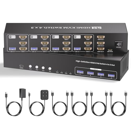 USB 3.0 Three Monitor HDMI KVM Switch, 4K60Hz 4 Port HDMI KVM Switch 3 Monitors 4 Computers, 4 PC Share 1 Set of Keyboard, Mouse, 3 Monitors and 4 USB 3.0 Ports - color: 4K 3 Monitors 4 Computers
