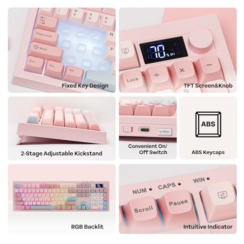 EPOMAKER Aula S102 PRO Membrane Gaming Keyboard with TFT Screen, Volume Knob & Number Pad, BT/2.4G/USB, RGB Backlit, Creamy Silicone Structure, Silent Keyboard for PC Game/Office (Pink) - color: Pink