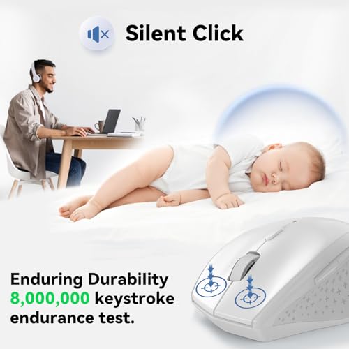 TECKNET 2.4G Wireless Mouse, 4800 DPI Ergonomic Computer Mouse, USB, White | Mouse for Laptop with USB Receiver, 6 Adjustable DPI, Quiet Click, 30-Month Battery, 6 Button, Portable for PC Chromebook Mac - color: White