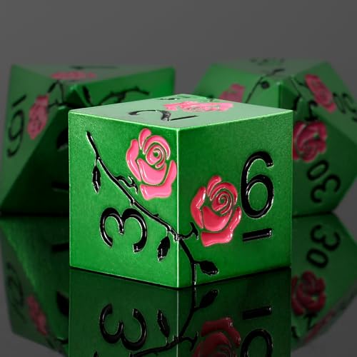 Rose Engraved Metal Dice Set 7PCS for DND RPG Tabletop Gaming | Solid zinc alloy build with 150g weight for balanced rolls(Green with Red Rose) - color: Green With Red Rose