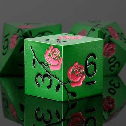 Rose Engraved Metal Dice Set 7PCS for DND RPG Tabletop Gaming | Solid zinc alloy build with 150g weight for balanced rolls(Green with Red Rose) - color: Green With Red Rose