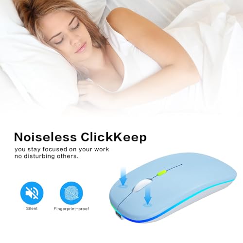AIKOKOK Wireless Bluetooth Mouse, Rechargeable Dual Mode Mouse, Blue | BT 5.2 & 2.4G USB Receiver, 3 Adjustable DPI,LED Lights,Slim,Silent,Portable Computer Mouse for Laptop,PC,MacBook,iPad,Tablet - color: Blue