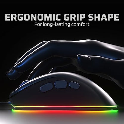 LTC GM-031 Wired Gaming Mouse, 7200 DPI Adjustable, 6 Programmable Macro Buttons, 4 RGB Backlit Mode, Ergonomic Shape, Software Support for Customization, Black
