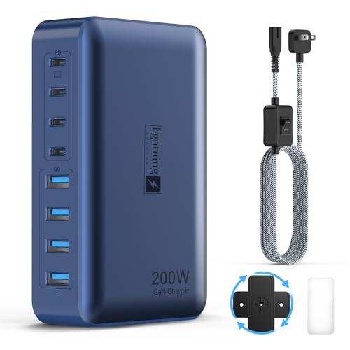 8-Port iPhone Charger Fast Charging 200W with Flat Plug, Braided Power Cord, and On/Off Switch- USB Charging Hub for iPhone, iPad, MacBook and More- 65W C Port Power Adapter for Laptops - color: Flat Charger 200W DB