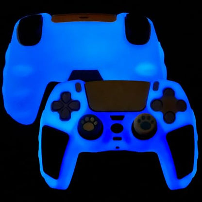 Blue Glow in the Dark Silicone Protective Case for PS5 Controller, Anti-Slip Thick Soft Cover, Includes 8-in-1 Thumb Grip Caps + 2 Cat Paw Caps – Ergonomic Shockproof - color: Glow Blue Black