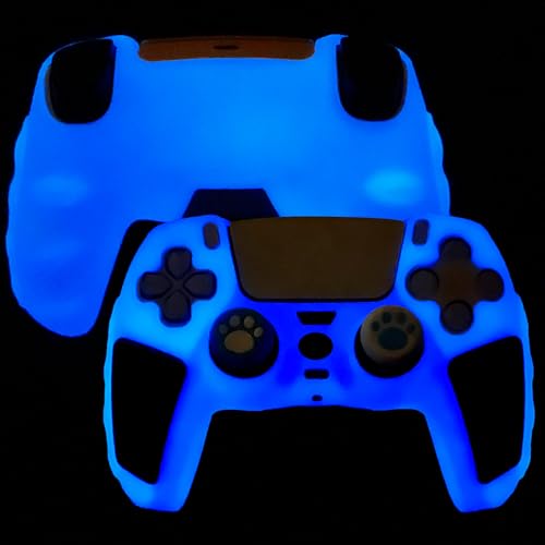 Blue Glow in the Dark Silicone Protective Case for PS5 Controller, Anti-Slip Thick Soft Cover, Includes 8-in-1 Thumb Grip Caps + 2 Cat Paw Caps – Ergonomic Shockproof - color: Glow Blue Black