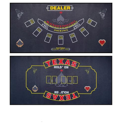 2-in-1 Casino Night Poker Mat, 36"x72" Double-Sided Texas Hold'em & Blackjack Felt Table Cover, Non-Slip Steel Clamps Included, Perfect for Game Night, Home & Casino Parties - color: Grey