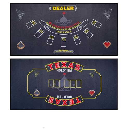2-in-1 Casino Night Poker Mat, 36"x72" Double-Sided Texas Hold'em & Blackjack Felt Table Cover, Non-Slip Steel Clamps Included, Perfect for Game Night, Home & Casino Parties - color: Grey