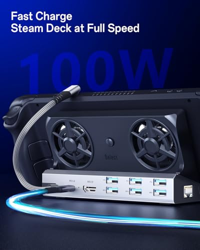 12-in-1 Steam Deck Dock with Dual RGB Cooling Fans, 4K@60Hz HDMI 2.0, 6 USB Ports, Gigabit Ethernet, 100W PD, 40Gbps for Steam Deck/ROG Ally/Switch/Legion Go | Compatible with Switch 2/OLED, MSI Claw, Legion Go S/2. Multi-ports HDMI/USB-C/Ethernet. Keeps