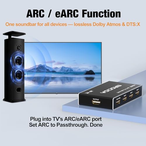 Mrocioa 8K HDMI 2.1 Switch 5 in 1 Out with Universal Remote/iOS App, HDMI Switch 4K 120Hz, Support ARC eARC, Res Adjust, HDCP2.3, HDR, ALLM/VRR, CEC, Dolby, for PS5, Xbox Series X, Applt TV, Fire TV