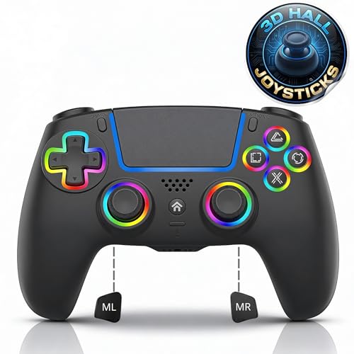 NEVORK Wireless Controller for PS5 Console and PC, Hall Effect Joysticks and Hall Triggers, RGB LED Gaming Controller 7 Colors, Programmable Back Buttons M1 M2, Turbo Rapid Fire, Dual Vibration, 6 Axis Motion, 3.5mm Audio Jack, Black