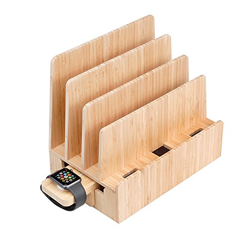 MobileVision Slim Bamboo Charging Station & Compatible Adapter for Apple Watch Multi Device Organizer, Smartphones, Tablets, Laptops & More - color: Slim Stand + Apple Watch Adapter