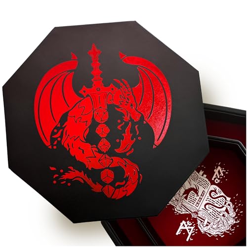 Fantasydice Deep Red Fire Dragon Dice Tray with Dice Sword Artwork – 9" Octagon with Lid, Holds 5 Dice Sets – Perfect for D&D, Call of Cthulhu, Shadowrun, and All Tabletop RPGs - color: Red Dragon Sword